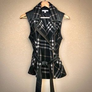 CAbi Plaid Wool Blend Vest w/Faux Leather Trim SzS